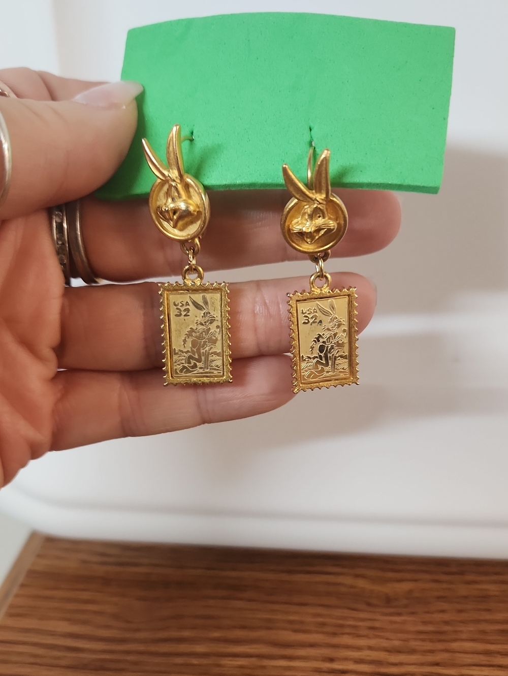 Gold Tone Postage Stamp Drop Earrings - Gold Made In USA